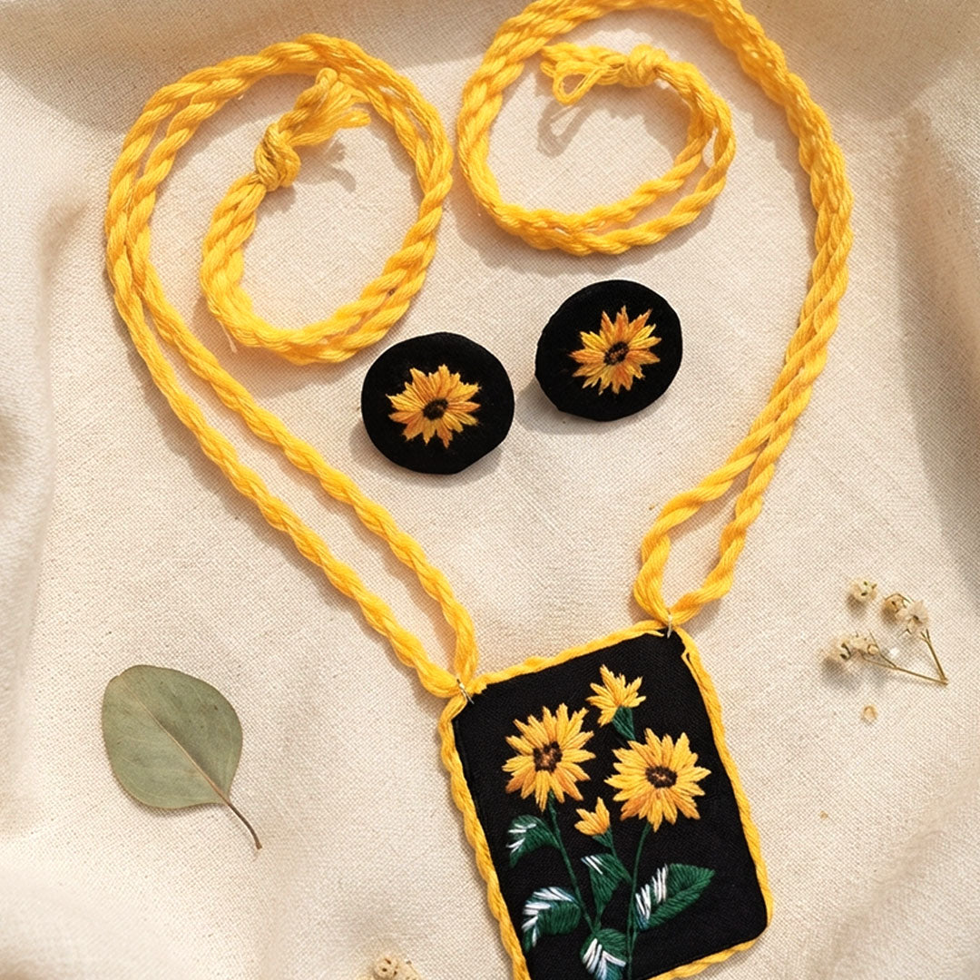 Craftooba Phool Sutra — Surajmukhi | Hand-Embroidered Sunflower Necklace & Star Set
