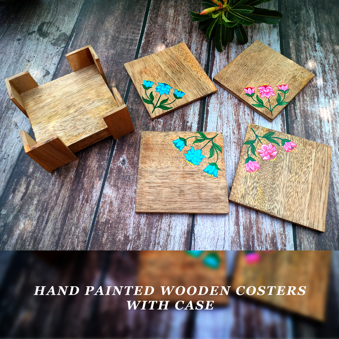 Hand Painted Floral Wooden Coasters Pack of 4 With Wooden Case Or Holder