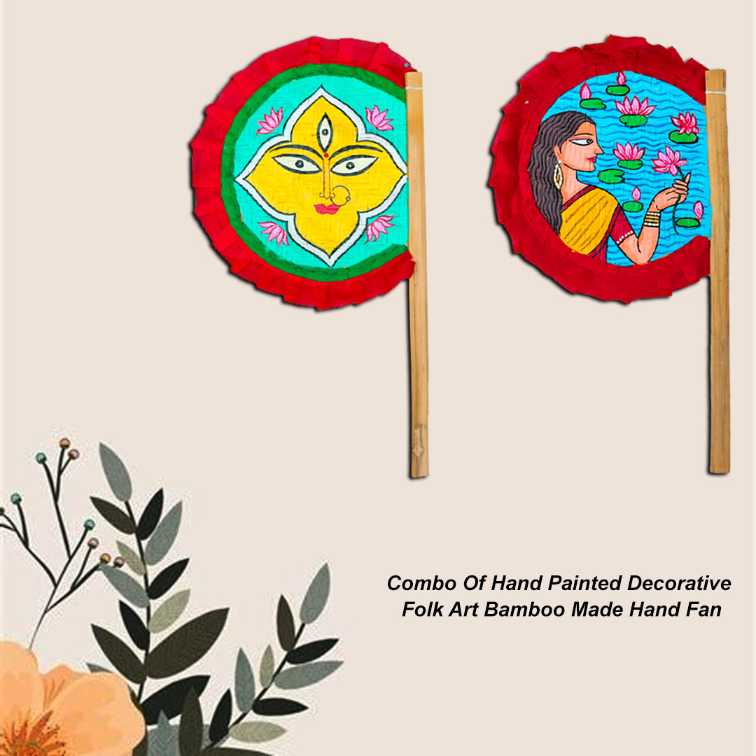 Craftooba Hand Painted Bengali Haat Pakha Set of 2 – Women with Lotus and Godess Durga Folk Art Bamboo Hand Fans for Wedding, Puja & Wall Decor