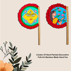 Craftooba Hand Painted Bengali Haat Pakha Set of 2 – Women with Lotus and Godess Durga Folk Art Bamboo Hand Fans for Wedding, Puja & Wall Decor