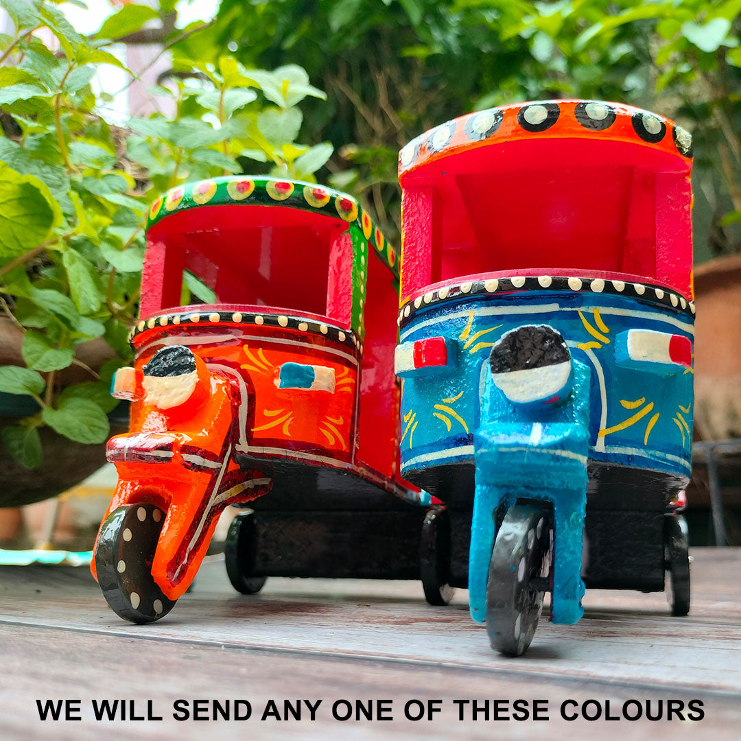 Craftooba Handpainted Wooden Transport Table Decor | Vibrant Indian Vintage Auto Rickshaw, Cycle Rickshaw, Scooter & Truck Miniatures | Traditional Showpiece for Home, Living Room & Office Desk Decor