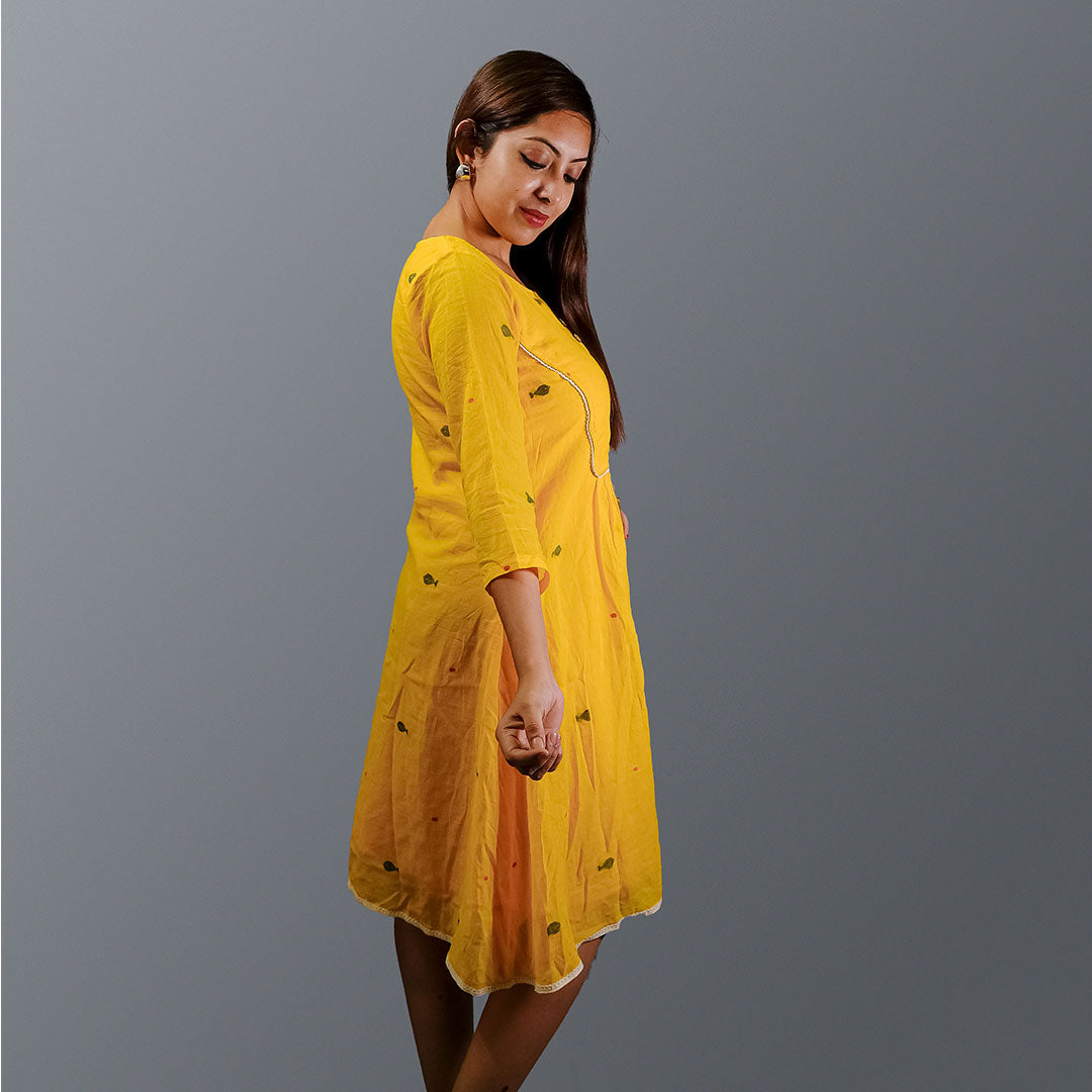 Yellow Jamdani Dress with Lace Detailing