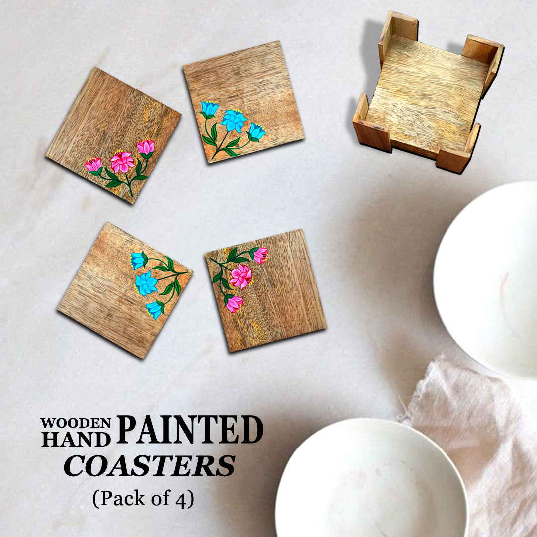 Hand Painted Floral Wooden Coasters Pack of 4 With Wooden Case Or Holder