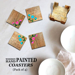 Hand Painted Floral Wooden Coasters Pack of 4 With Wooden Case Or Holder