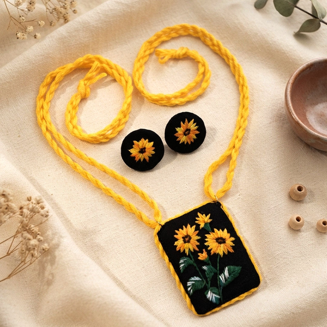 Craftooba Phool Sutra — Surajmukhi | Hand-Embroidered Sunflower Necklace & Star Set