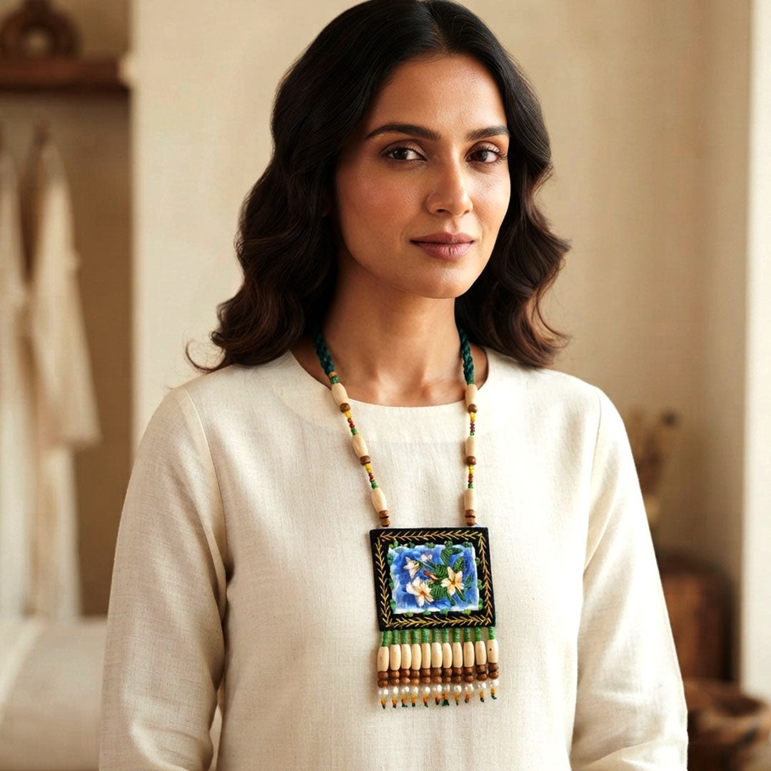 Craftooba Champa — Hand Embroidered Floral Statement Necklace with Matching Studs