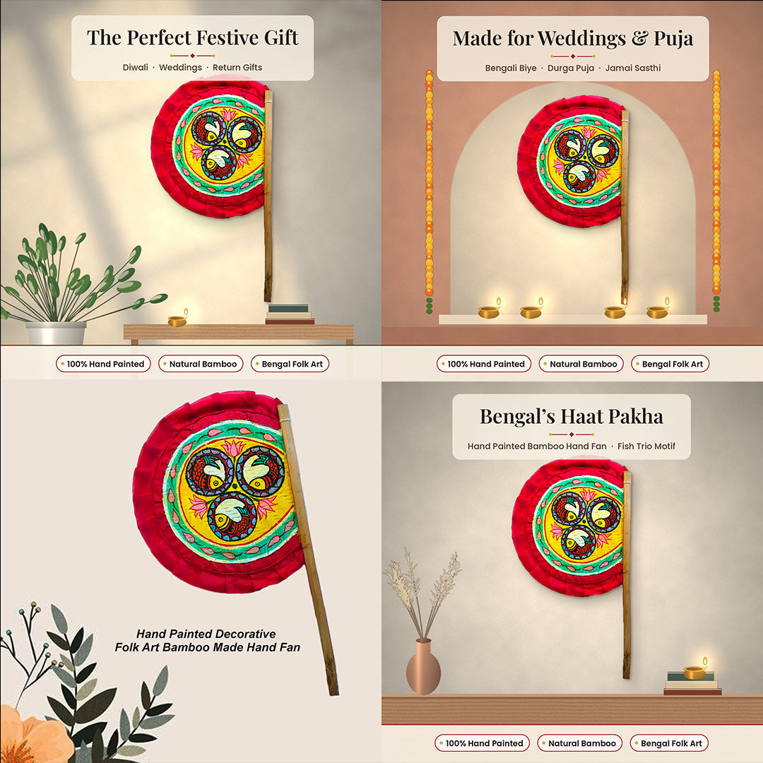Craftooba Hand Painted Bengali Haat Pakha – Decorative Bamboo Hand Fan. Folk Art, 8.5 Inch – for Wedding, Puja & Wall Decor