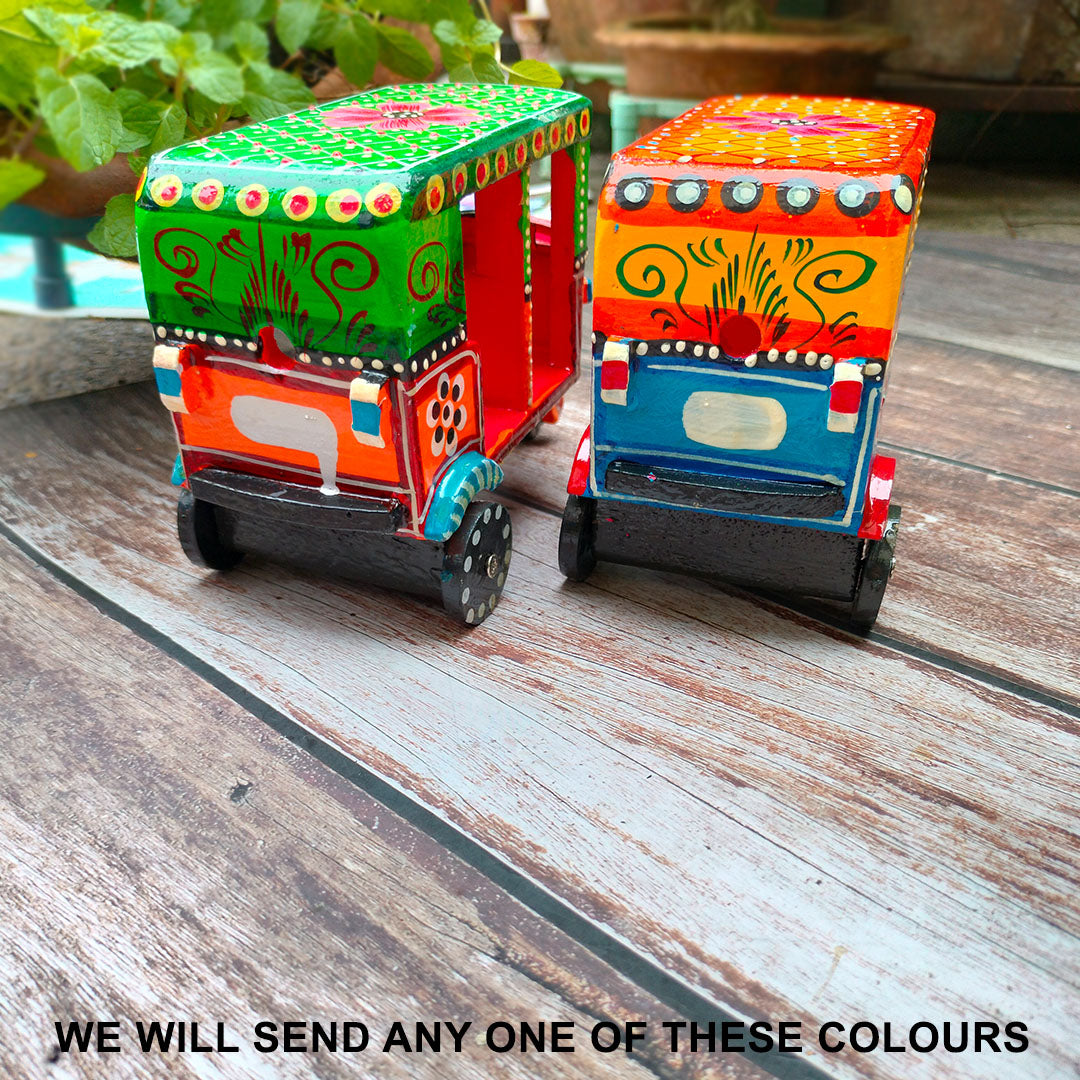 Craftooba Handpainted Wooden Transport Table Decor | Vibrant Indian Vintage Auto Rickshaw, Cycle Rickshaw, Scooter & Truck Miniatures | Traditional Showpiece for Home, Living Room & Office Desk Decor