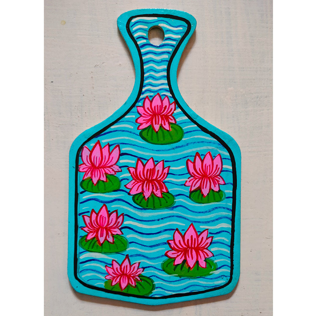 Craftooba Hand-Painted Nature & Urban Cityscape Mini Chopping Board Fridge Magnets – Lotus Pond & Kolkata Street Art Accents
