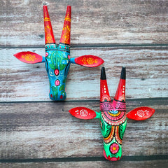 Handcrafted Wooden Small Size Cow Heads Wall Hanging – Set of 2 | 7 Inch | Orissa Pattachitra Art | Vastu Friendly Home Decor for Living Room & Entrance | Positive Energy Wall Accent by Craftooba