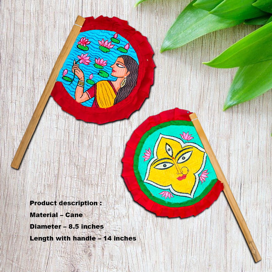 Craftooba Hand Painted Bengali Haat Pakha Set of 2 – Women with Lotus and Godess Durga Folk Art Bamboo Hand Fans for Wedding, Puja & Wall Decor