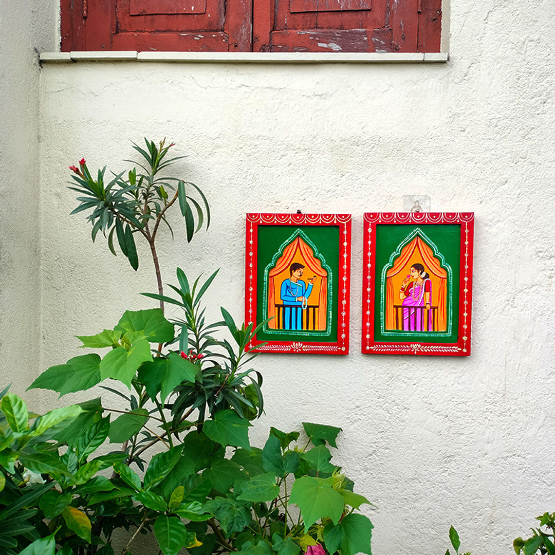 Handmade Traditional Babu Bibi In Balcony Jharokha Painting Set | Folk Art Wall Decor