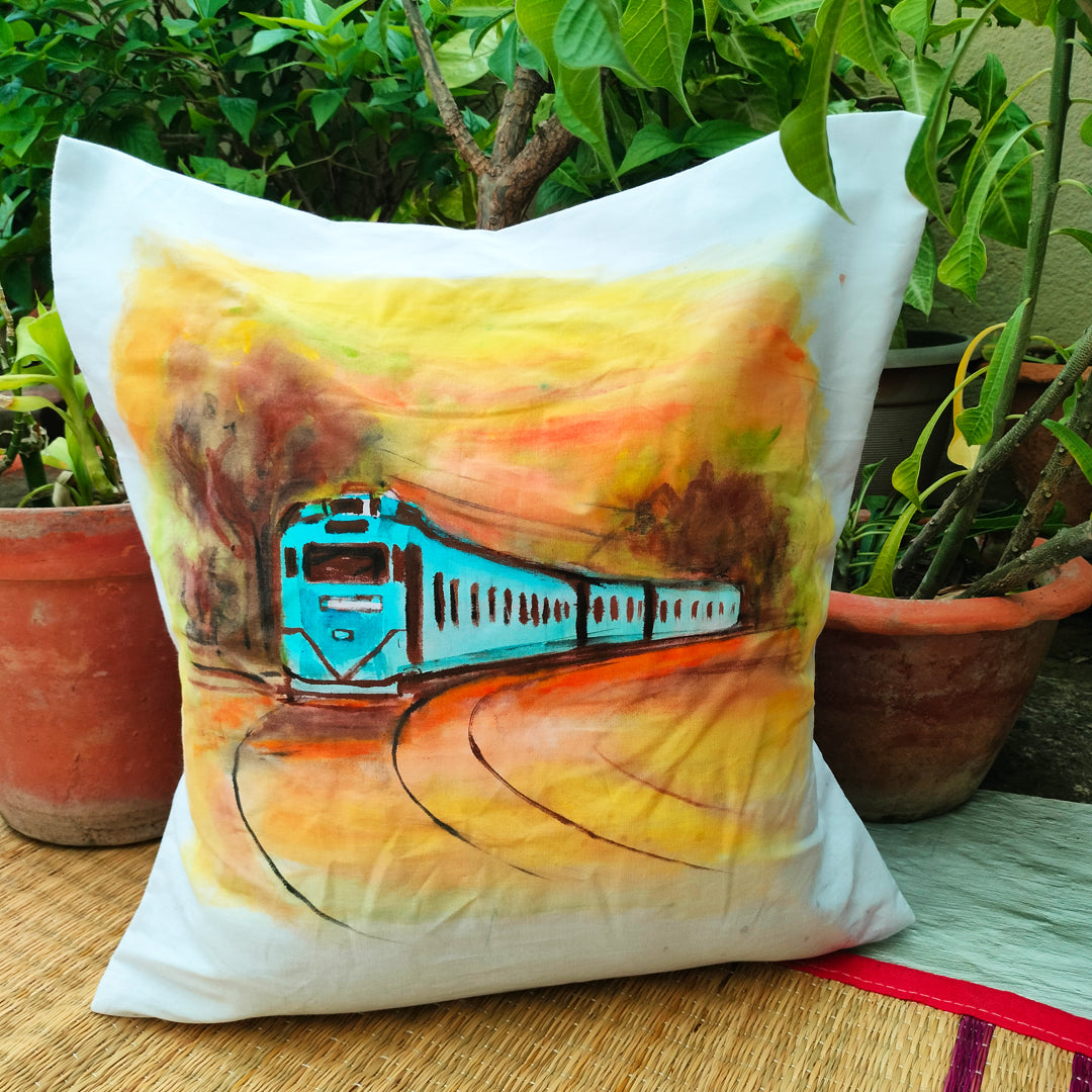 Cotton Hand-Painted 16.5 Inches L X 16.5 Inches W Kolkata Transport Inspired Cushion Cover Set of 4 (Combo) | Cushion Cover | Cushion | Pillow Cover | Sofa Decor | Home Decor | Premium Cushion Cover