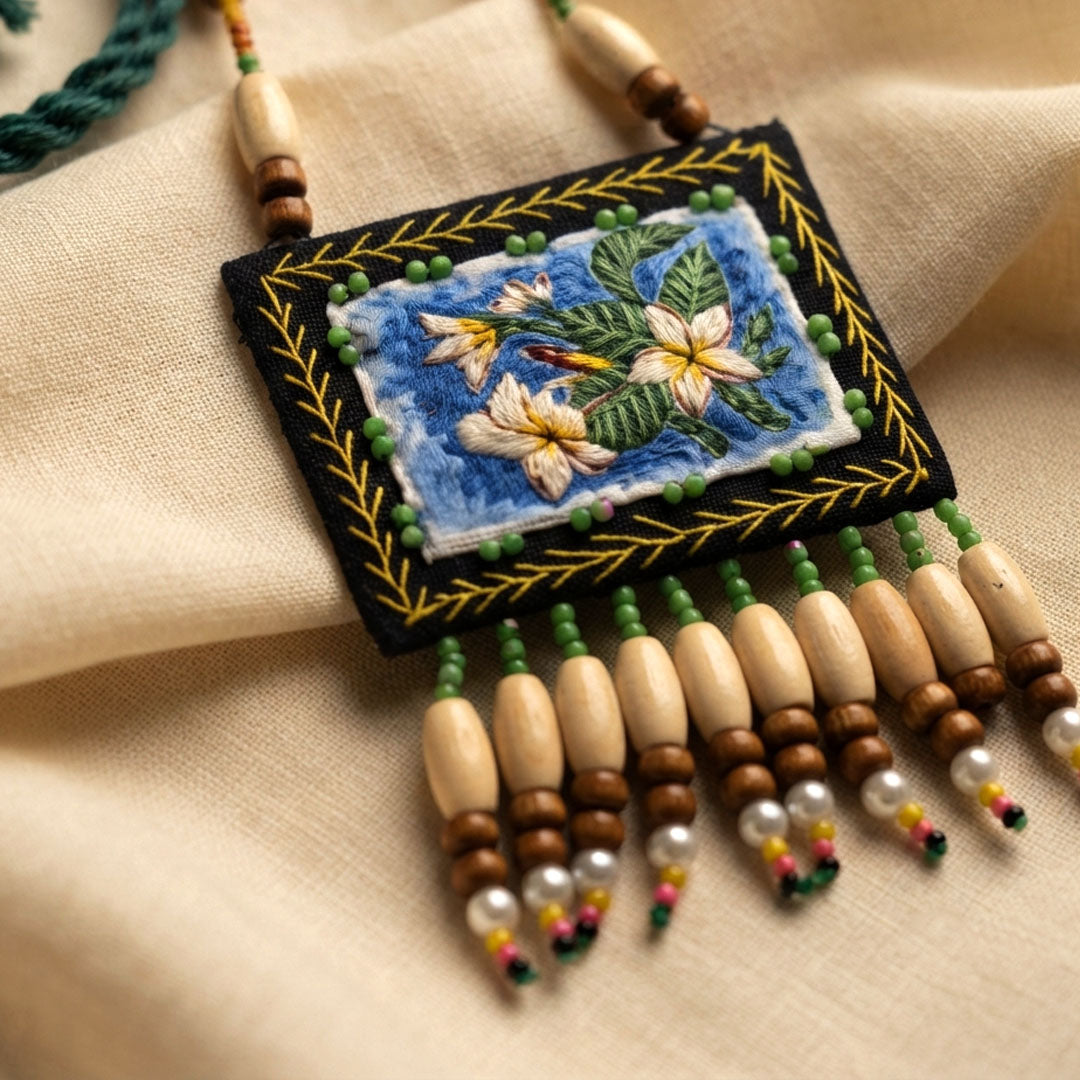 Craftooba Champa — Hand Embroidered Floral Statement Necklace with Matching Studs