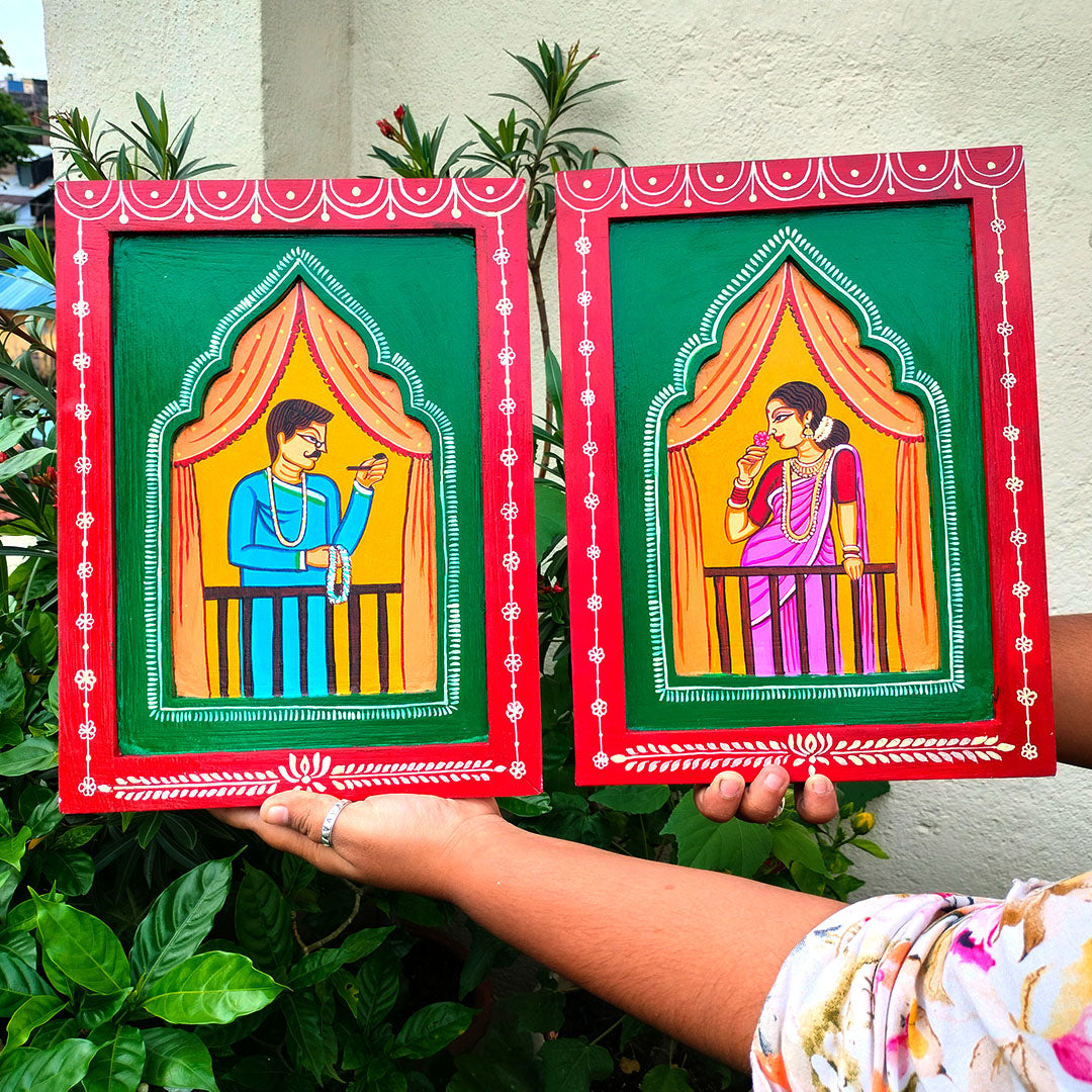 Handmade Traditional Babu Bibi In Balcony Jharokha Painting Set | Folk Art Wall Decor