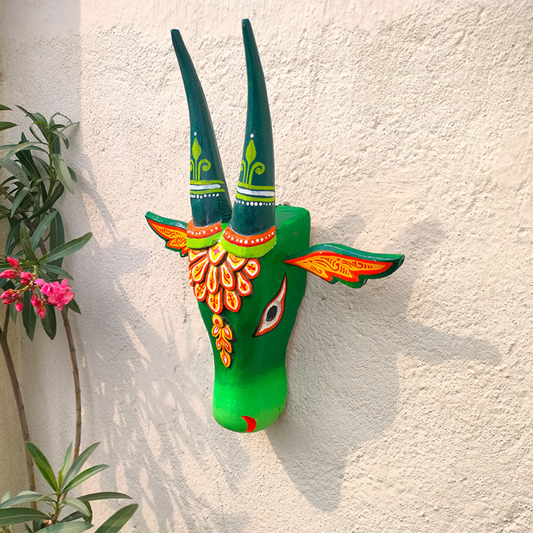 Craftooba Cow Head Wall Decor Set Of 2 – Hand Painted Wooden Nandi Head, Dual Tone Green & Blue, 15 Inch – Symbol of Prosperity for Living Room & Puja Room, Entrance,Ready to Hang