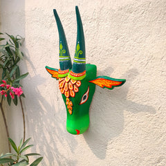 Craftooba Cow Head Wall Decor Set Of 2 – Hand Painted Wooden Nandi Head, Dual Tone Green & Blue, 15 Inch – Symbol of Prosperity for Living Room & Puja Room, Entrance,Ready to Hang