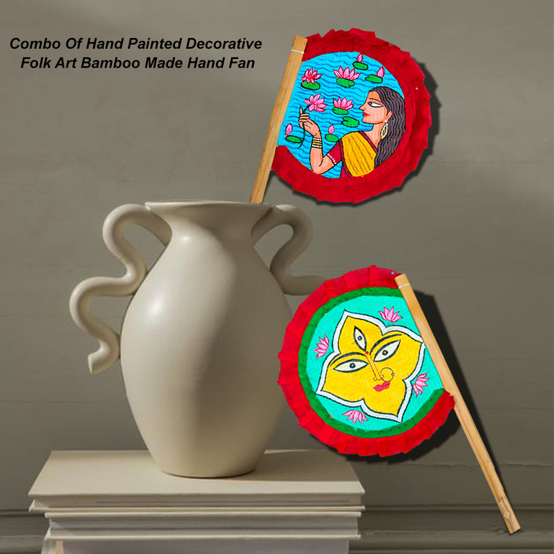 Craftooba Hand Painted Bengali Haat Pakha Set of 2 – Women with Lotus and Godess Durga Folk Art Bamboo Hand Fans for Wedding, Puja & Wall Decor