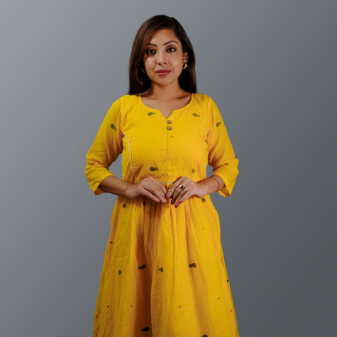 Yellow Jamdani Dress with Lace Detailing