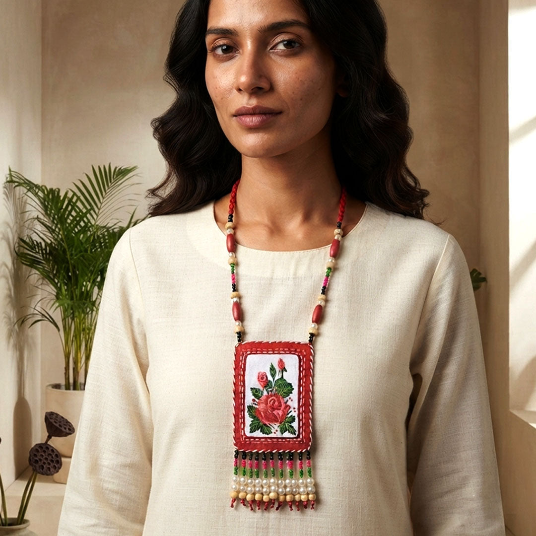 Craftooba Phool Sutra — Gulabo | Hand-Embroidered Rose Necklace & Star Set