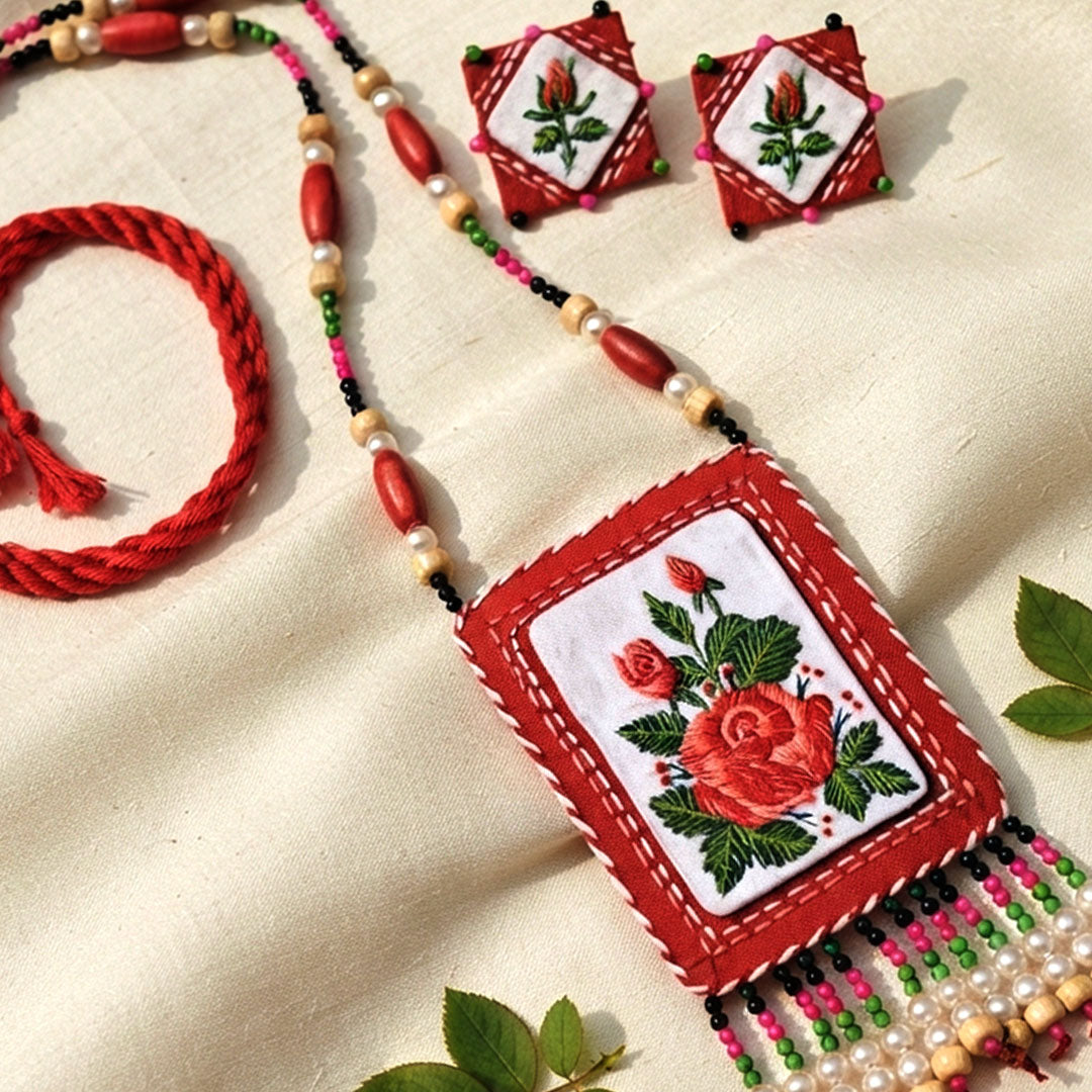 Craftooba Phool Sutra — Gulabo | Hand-Embroidered Rose Necklace & Star Set