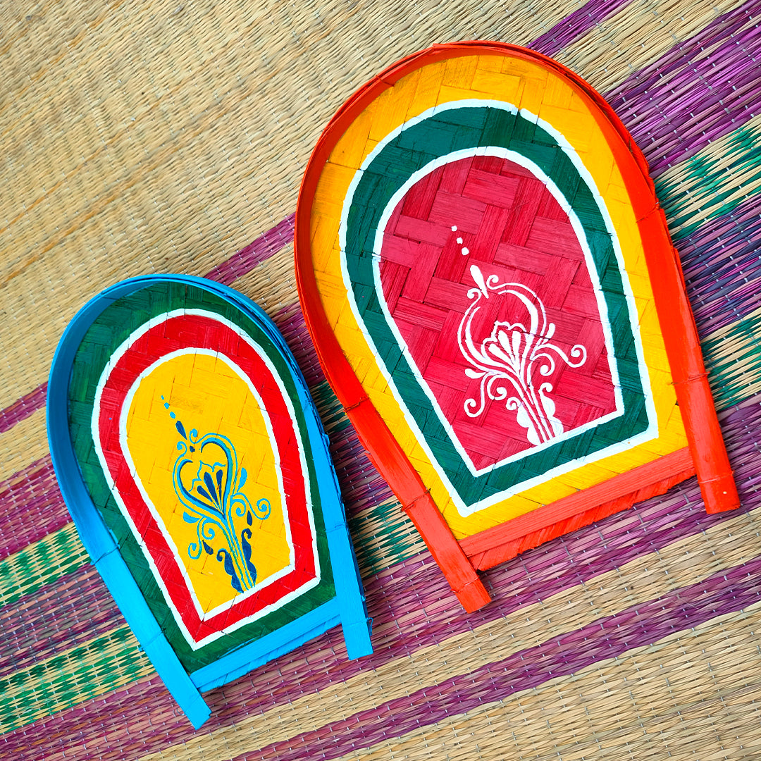 Handpainted and Handcrafted Decorative Folk Art Bamboo Tray Wall Decor Combo (kulo) or Winnowing Clatter/Basket for Home Decor & Festival