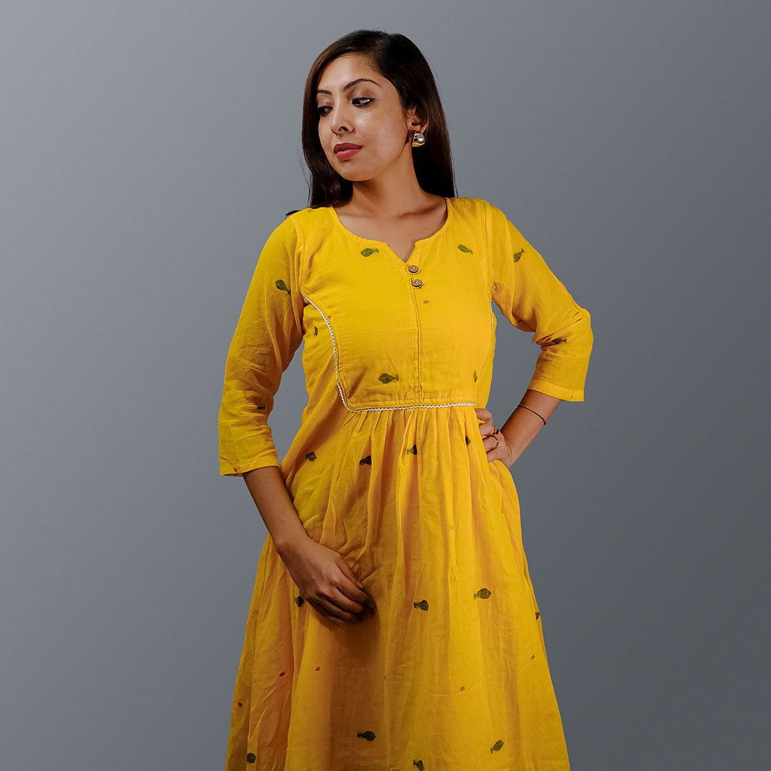 Yellow Jamdani Dress with Lace Detailing