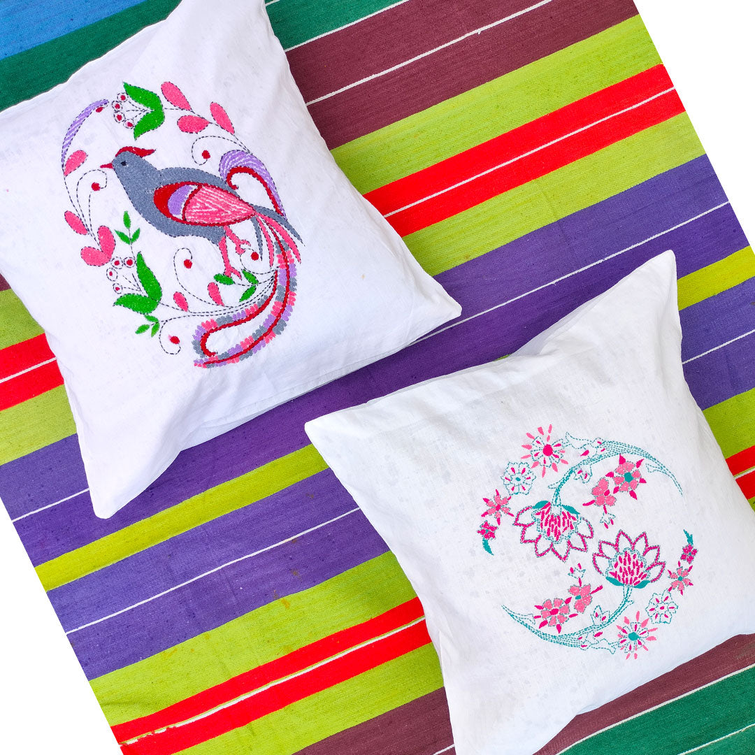 Kantha Hand Embroidered Cushion Covers – 100% Cotton | Set of 2 | Craftooba