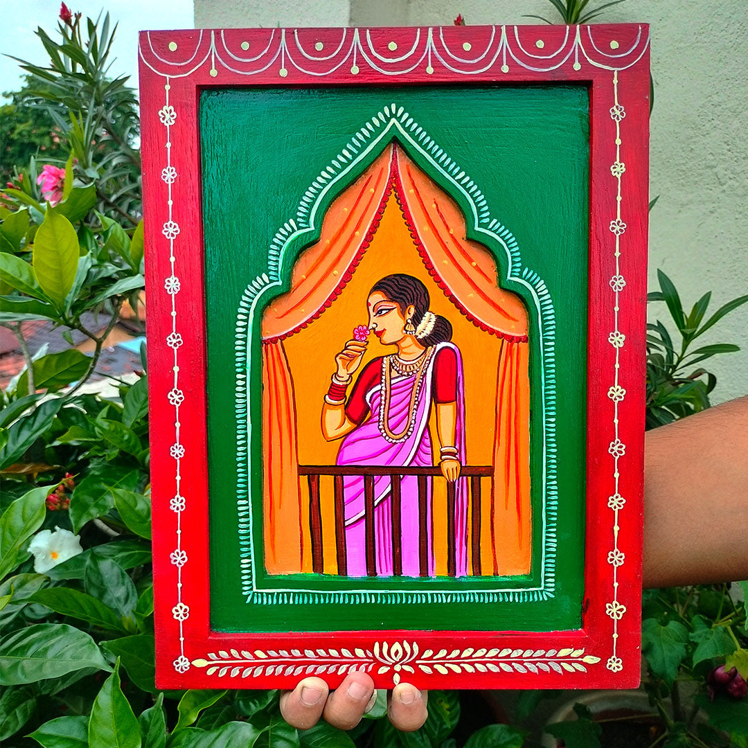 Handmade Traditional Babu Bibi In Balcony Jharokha Painting Set | Folk Art Wall Decor