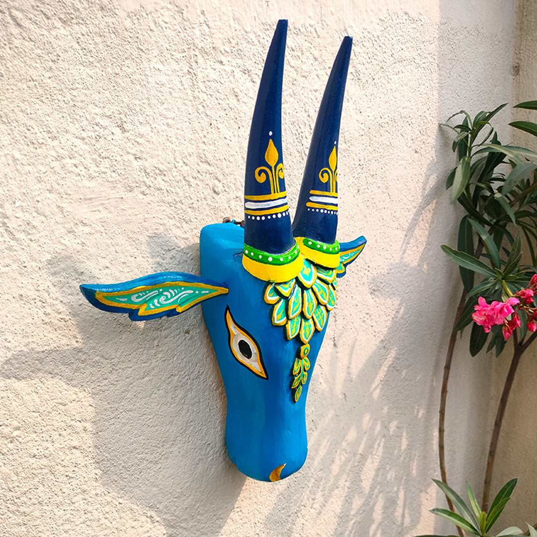 Craftooba Cow Head Wall Decor Set Of 2 – Hand Painted Wooden Nandi Head, Dual Tone Green & Blue, 15 Inch – Symbol of Prosperity for Living Room & Puja Room, Entrance,Ready to Hang