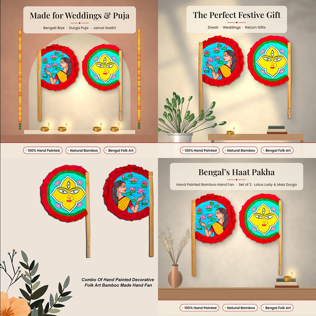 Craftooba Hand Painted Bengali Haat Pakha Set of 2 – Women with Lotus and Godess Durga Folk Art Bamboo Hand Fans for Wedding, Puja & Wall Decor