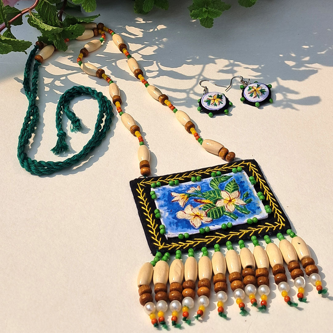 Craftooba Champa — Hand Embroidered Floral Statement Necklace with Matching Studs