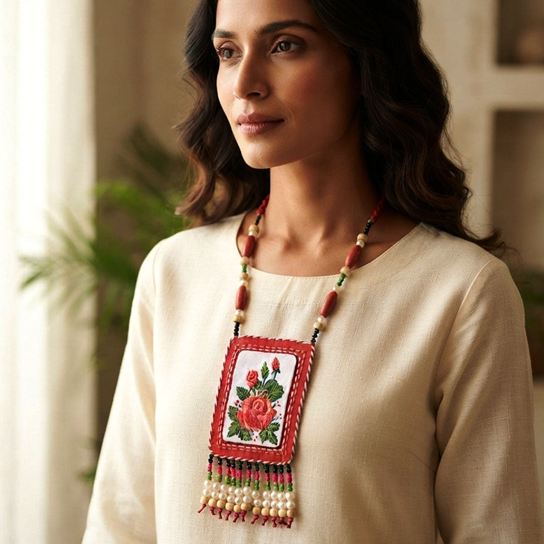 Craftooba Phool Sutra — Gulabo | Hand-Embroidered Rose Necklace & Star Set