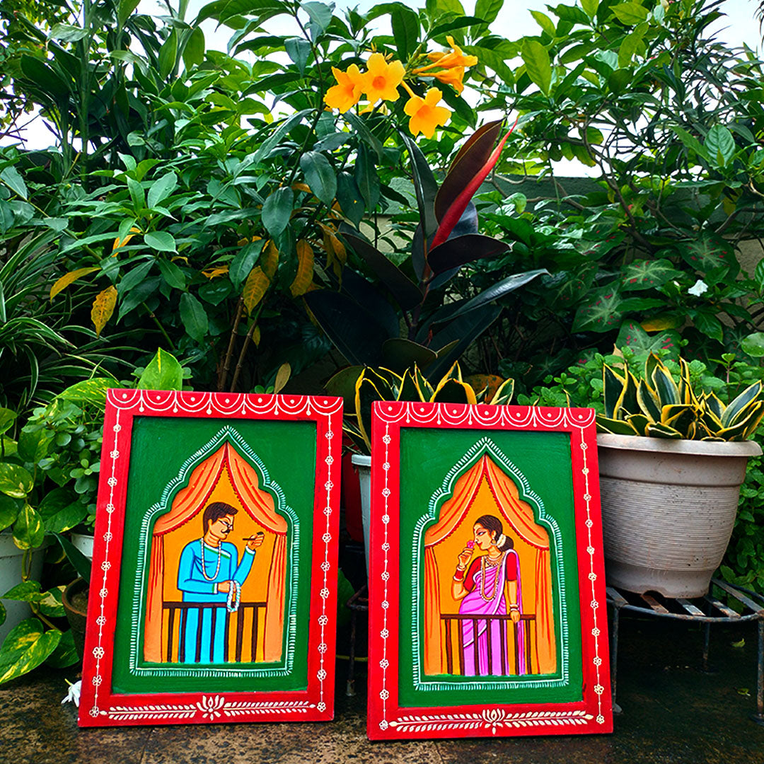 Handmade Traditional Babu Bibi In Balcony Jharokha Painting Set | Folk Art Wall Decor