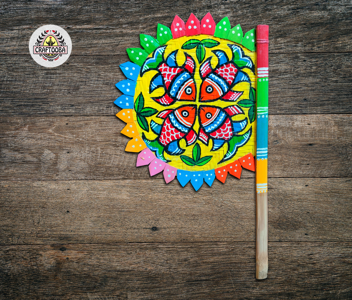 Craftooba Hand Painted Bengali Haat Pakha – Decorative Bamboo Hand Fan. Folk Art, 8.5 Inch – for Wedding, Puja & Wall Decor