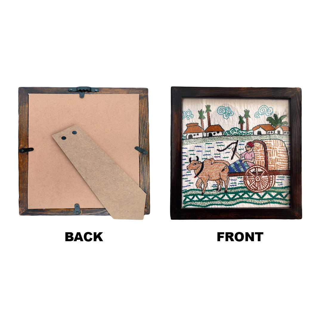 Hand-Embroidered Kantha Art Frame – Bullock Cart Village Scene