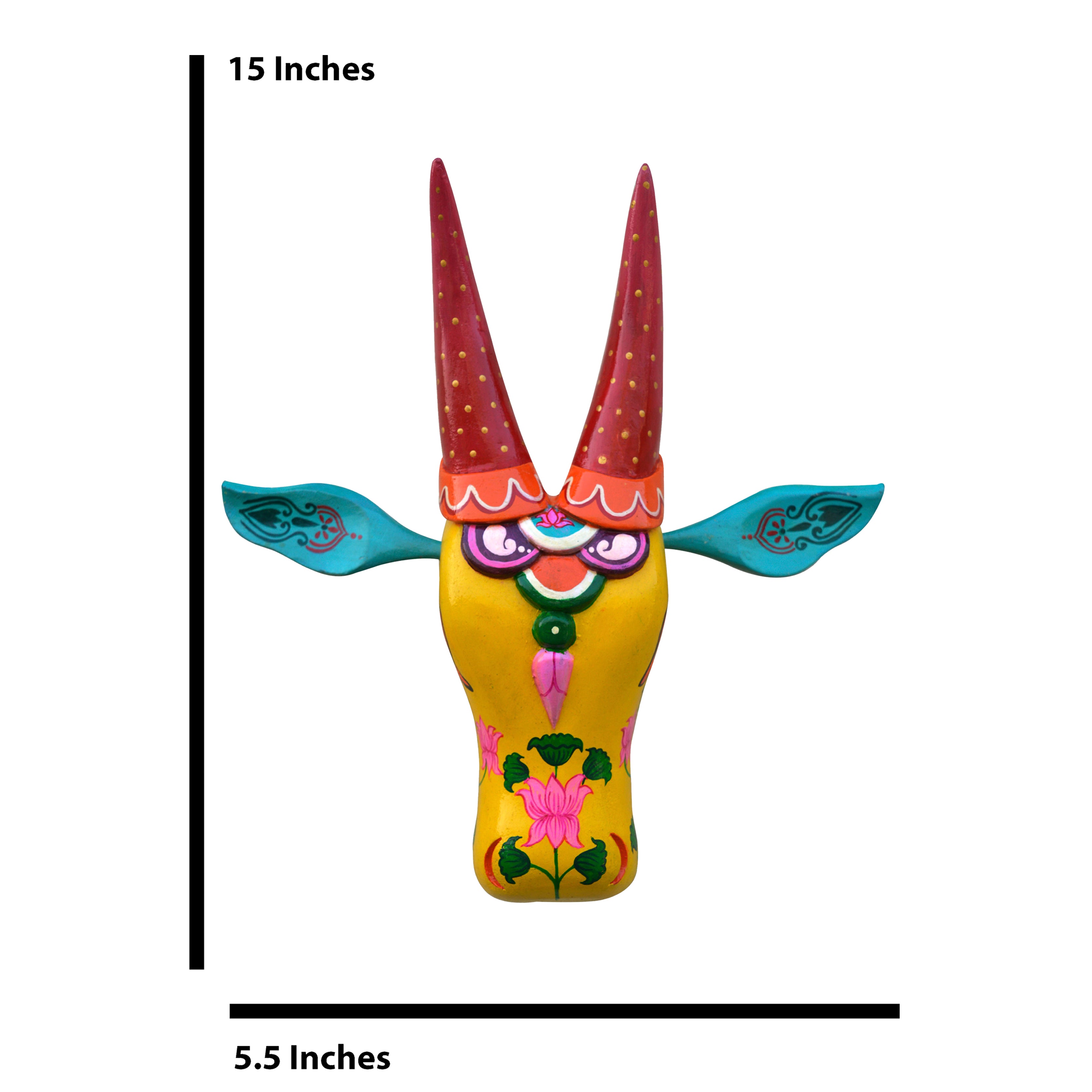 Hand-Carved & Hand-Painted Wooden Cow Head | 15 Inches | Vastu Positive Decor | Oachira Festival Inspired