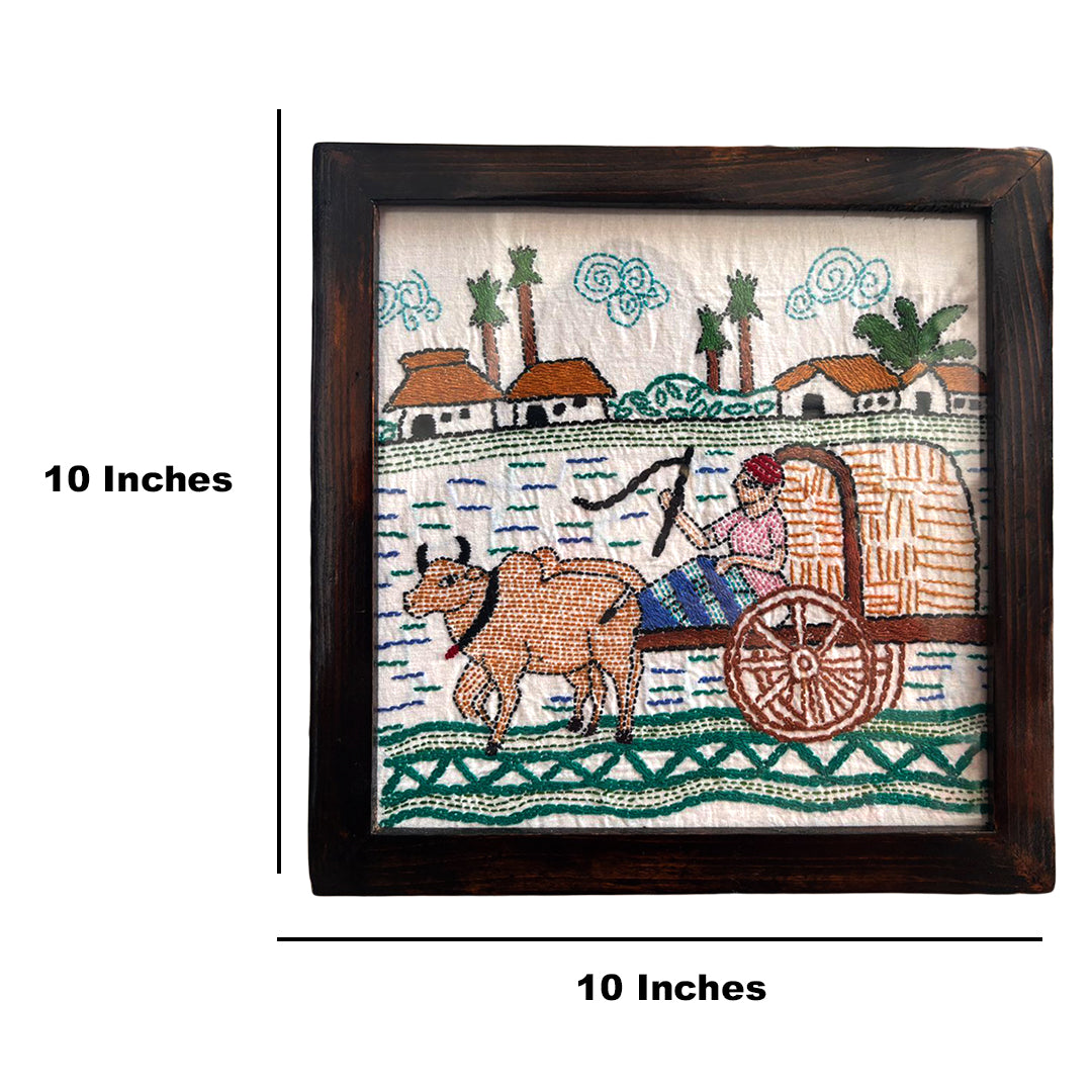 Hand-Embroidered Kantha Art Frame – Bullock Cart Village Scene