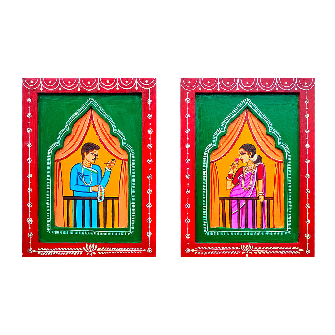 Handmade Traditional Babu Bibi In Balcony Jharokha Painting Set | Folk Art Wall Decor
