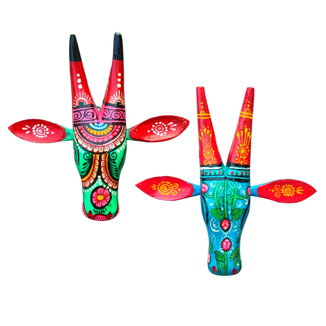 Handcrafted Wooden Small Size Cow Heads Wall Hanging – Set of 2 | 7 Inch | Orissa Pattachitra Art | Vastu Friendly Home Decor for Living Room & Entrance | Positive Energy Wall Accent by Craftooba