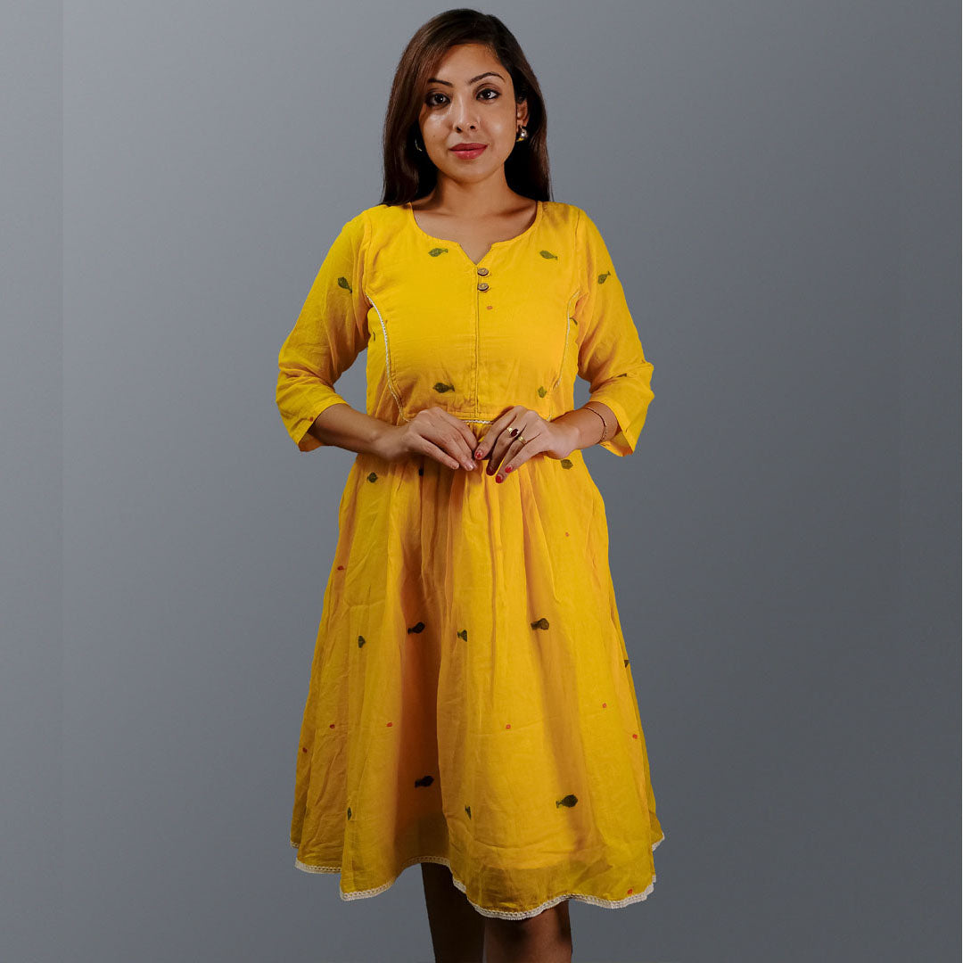 Yellow Jamdani Dress with Lace Detailing
