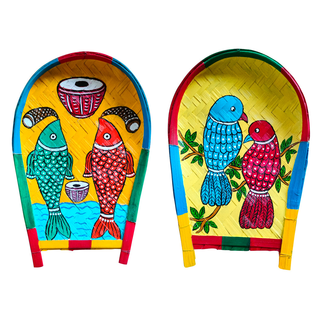 Handpainted and Handcrafted Decorative Folk Art Bamboo Tray Combo (kulo) or Winnowing Clatter for Home Decor & Festival (11inches x 7inches)...