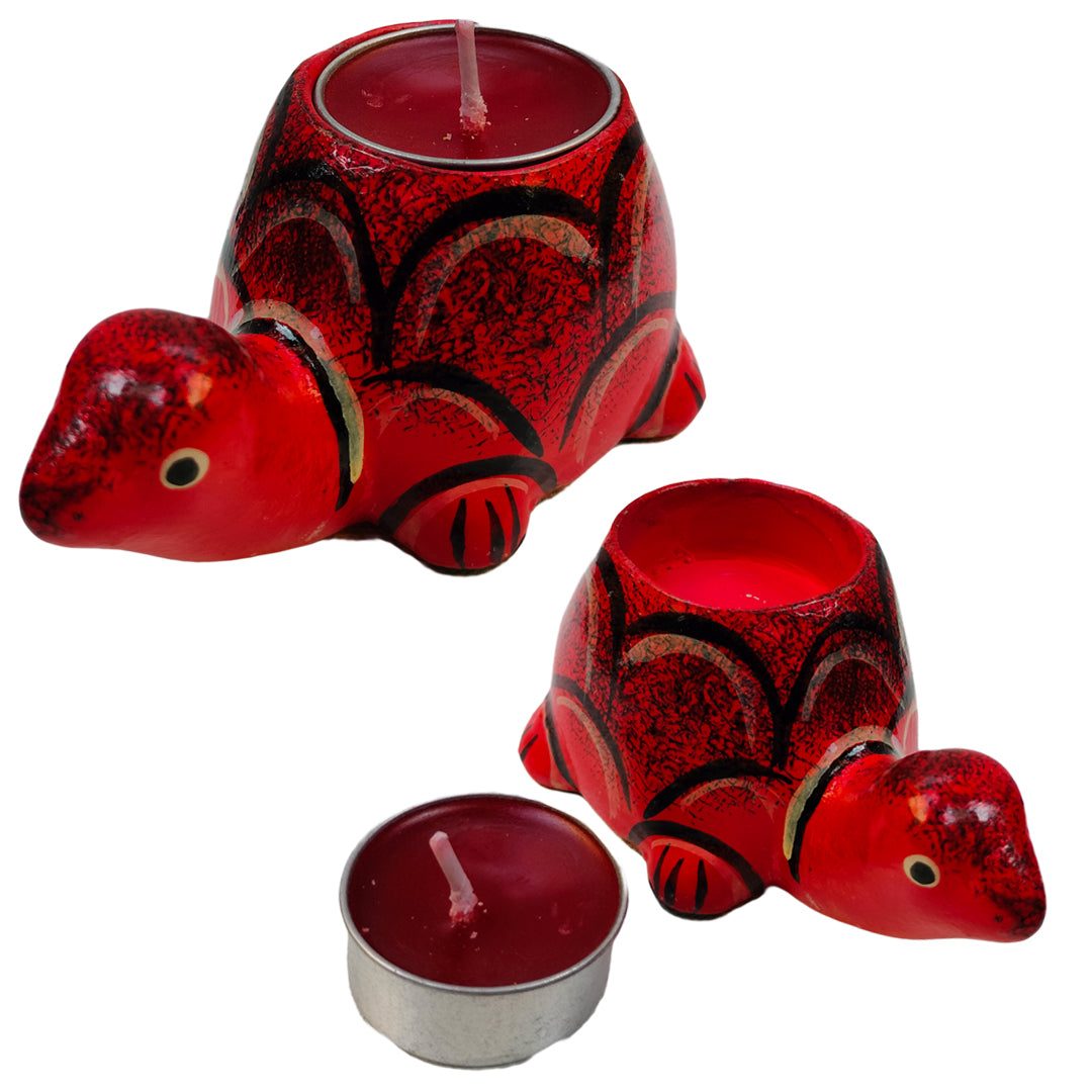 Artisan Turtle Wooden Tealight Stand – Handcrafted Folk Art Decor