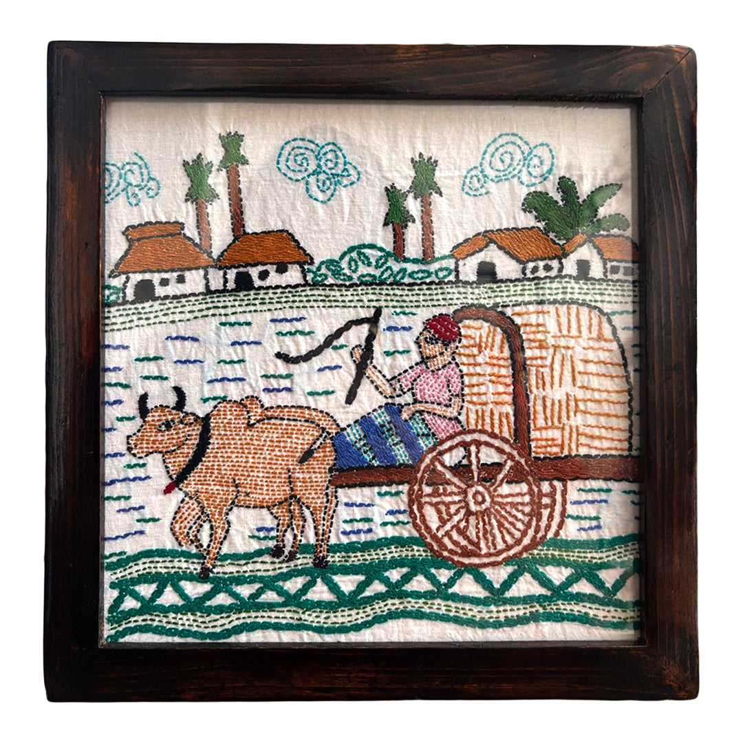 Hand-Embroidered Kantha Art Frame – Bullock Cart Village Scene