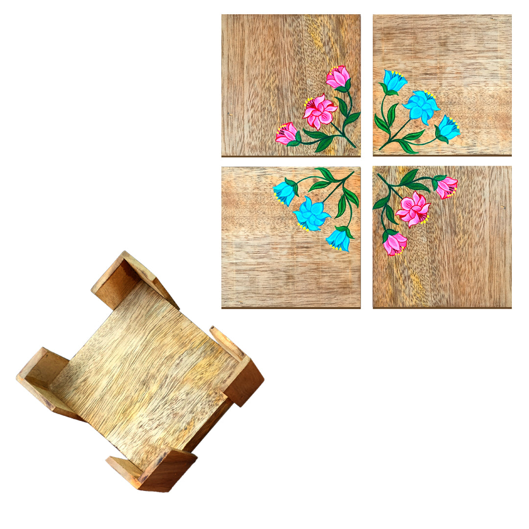 Hand Painted Floral Wooden Coasters Pack of 4 With Wooden Case Or Holder