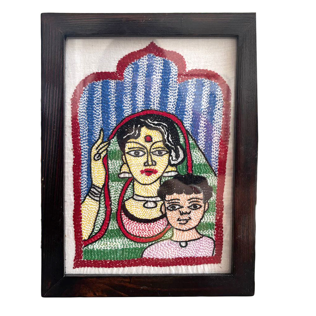Hand-Embroidered Kantha Art Frame – Mother and Child