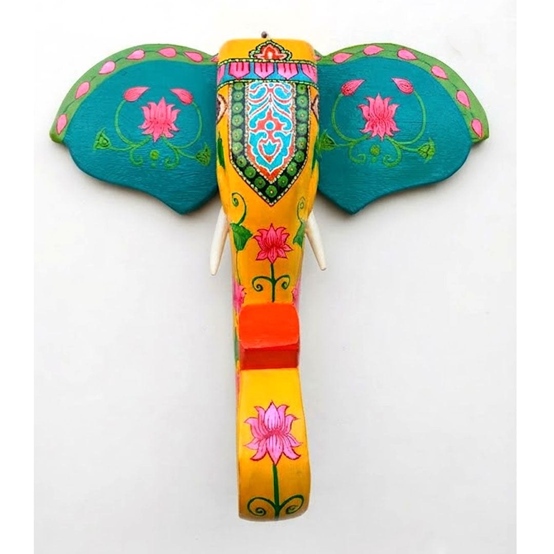 15-Inch Wooden Hand-Carved & Hand-Painted Elephant Head Wall Décor
