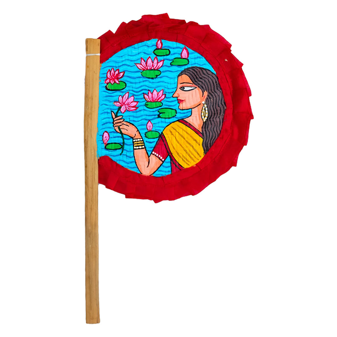 Craftooba Hand Painted Bengali Haat Pakha Set of 2 – Women with Lotus and Godess Durga Folk Art Bamboo Hand Fans for Wedding, Puja & Wall Decor