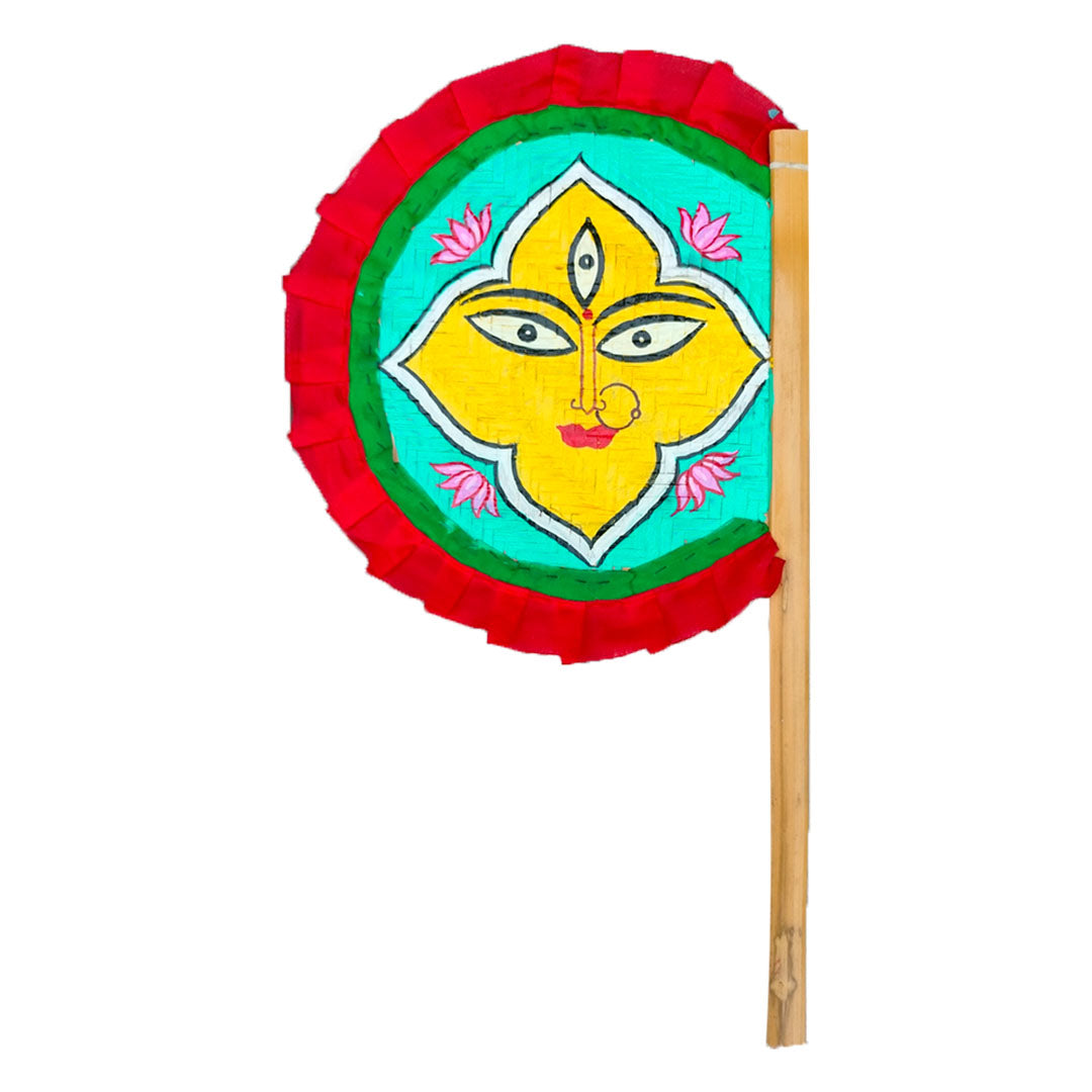 Craftooba Hand Painted Bengali Haat Pakha Set of 2 – Women with Lotus and Godess Durga Folk Art Bamboo Hand Fans for Wedding, Puja & Wall Decor