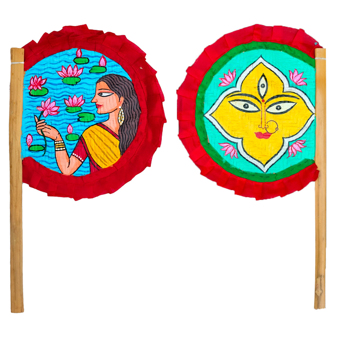 Craftooba Hand Painted Bengali Haat Pakha Set of 2 – Women with Lotus and Godess Durga Folk Art Bamboo Hand Fans for Wedding, Puja & Wall Decor